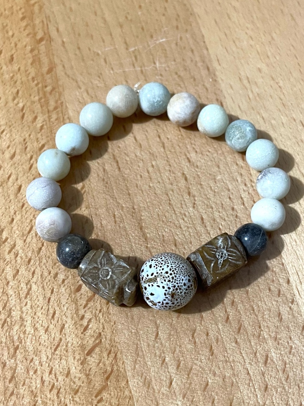 Neutral Carved Bead Stretch Bracelet in Cream and Brown